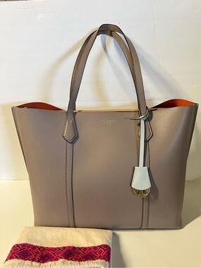 Tory Burch Taupe Pebbled Leather Tote with Light Blue Charm